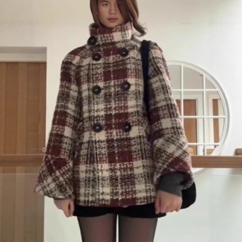 Abrigo cálido a cuadros con cu - Wool Coat Peacoat reseña y precio